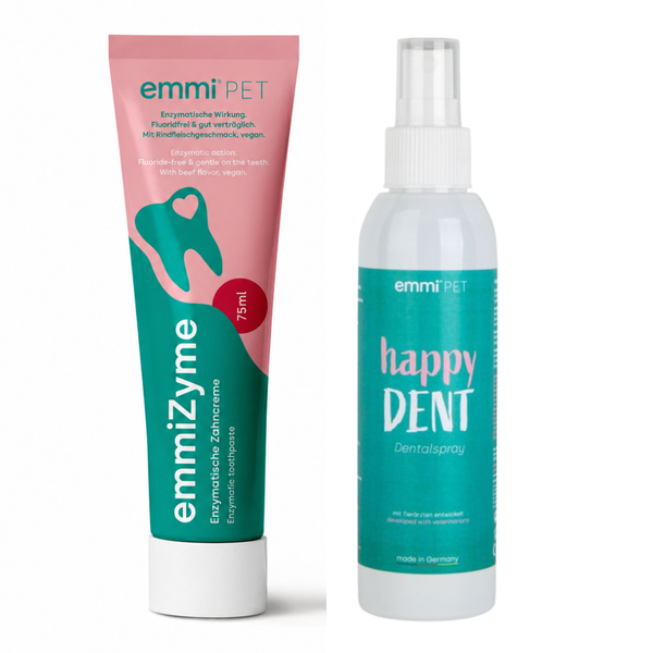 emmi&reg;-pet Suunhoitosetti koirille ja kissoille &ndash; emmiZyme Hammashoitogeeli 75 ml + HappyDENT Hammassuihke 150 ml